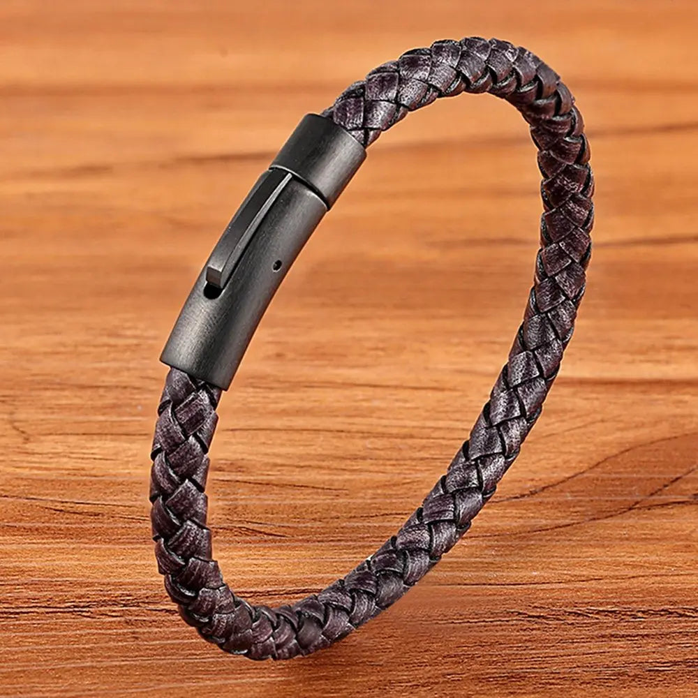 Classic Style Leather Bracelet Simple Black Stainless Steel Button Neutral Accessories Hand-woven Jewelry Gifts