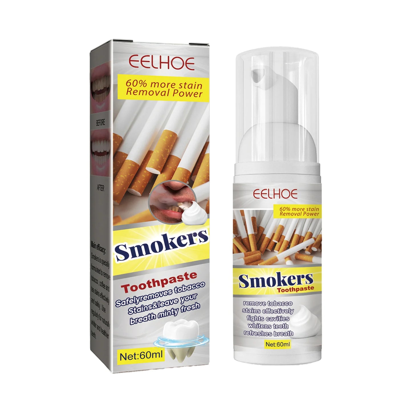 EELHOE 60ml Smokers Toothpaste Remove Coffee Tea Smoking Tooth Stains Naturally Effective Improve Bad Breath Teeth Deep Cleaning