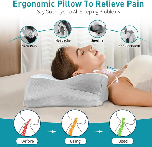 Ergonomic Memory Foam Neck Pillow for Pain Relief - Cooling Contour Pillow for Side, Back, Stomach Sleepers