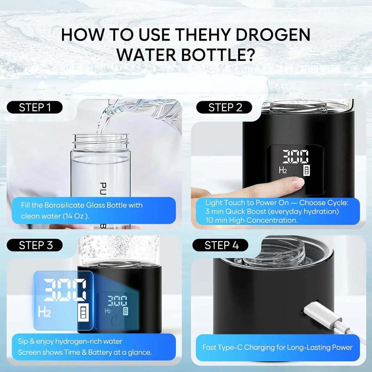 Hydrogen Water Bottle with Touch Display, Leak-Proof Lid, Fast Hydrogen Generation for Home, Office, Travel