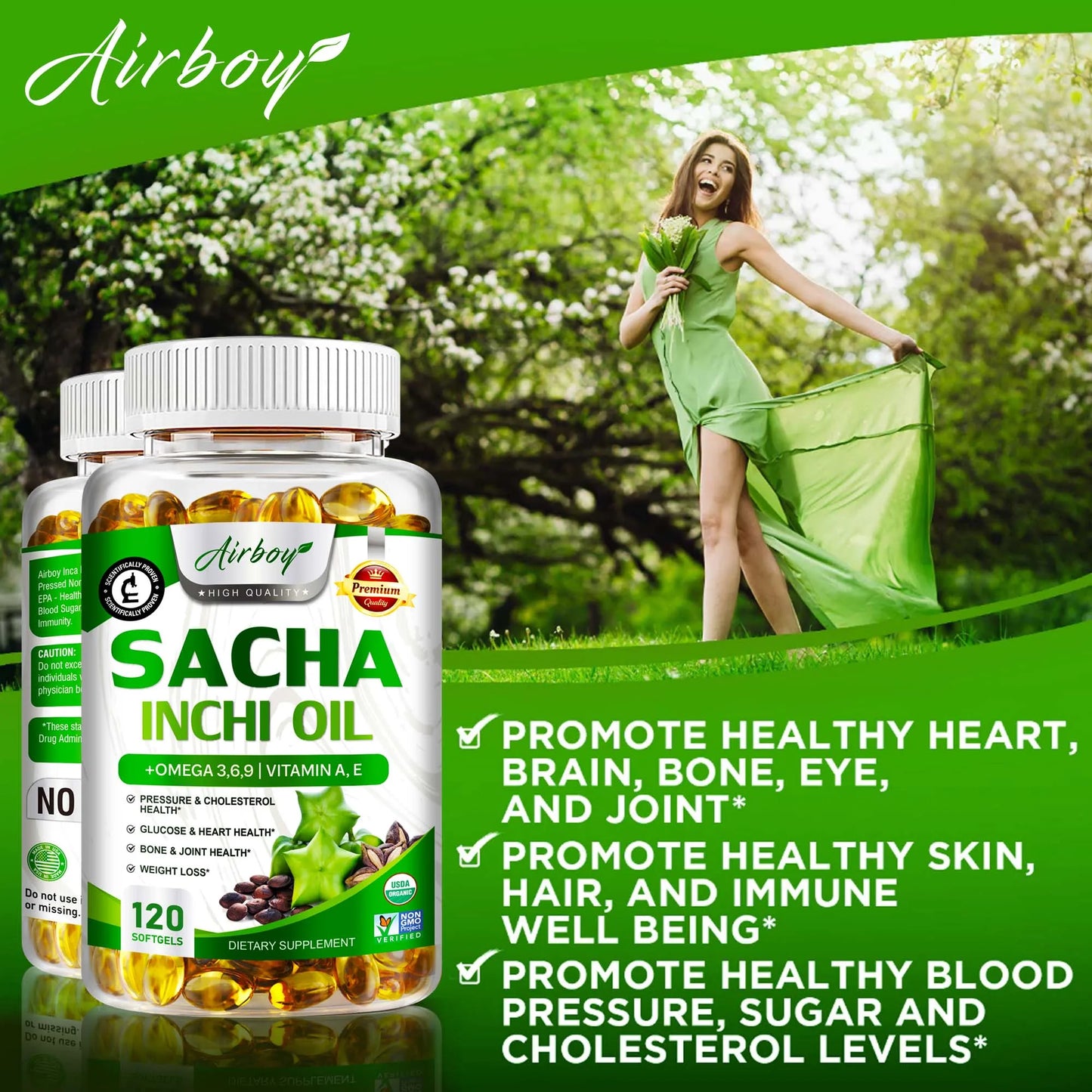 Sacha Inchi Oil - Rich In Omega - 3,6,9 - Supports Brain, Heart, Gut, Skin Health - 120 Capsules