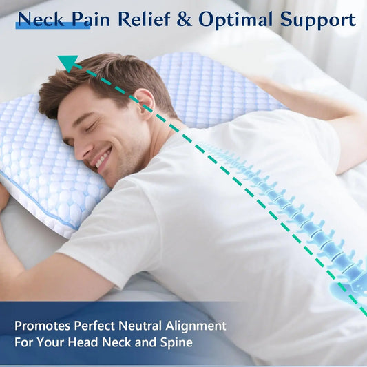 Cooling Memory Foam Pillow for Stomach & Back Sleepers - Thin Design Relieves Neck & Shoulder Pain