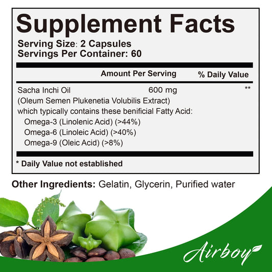 Sacha Inchi Oil - Rich In Omega - 3,6,9 - Supports Brain, Heart, Gut, Skin Health - 120 Capsules
