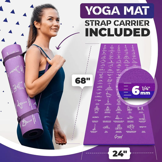 Cute Yoga Mat with Illustrated Poses & Stretching Exercises, Non-Toxic Non-Slip for Women and Men