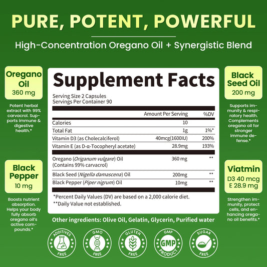 Lukaree Organic Oregano Oil Capsule with Black Seed Oil, Ultra-Concentrated 99%,for Immune, Respiratory,Digestive & Antioxidant