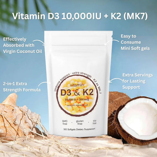 180/300 Vitamin D3 K2 Softgel Supplement with Coconut Oil - 2-in-1 Vitamins D & K Complex | Extra Strength, Easy to Swallow