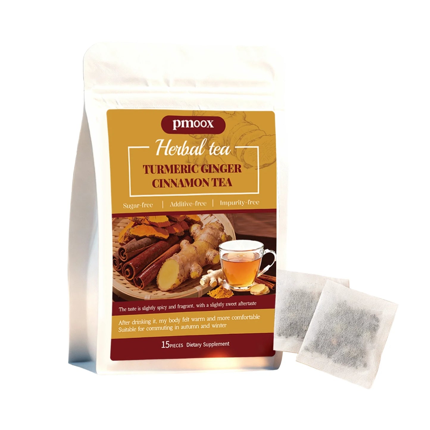 Turmeric Cinnamon Tea with Ceylon cinnamon, individual tea bags, sugar-free, warm and nourishing, a gentle daily drink.