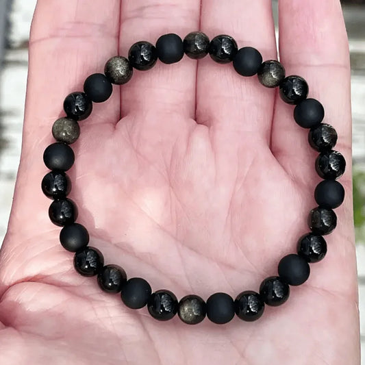 Triple Protection Stone Bead Bracelet - Black Tourmaline, Golden Sheen Obsidian, Black Onyx