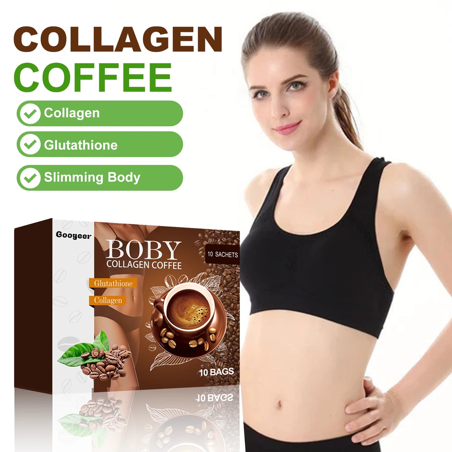 10pcs Googeer Collagen Coffee Tighten Thighs Abdomen Beauty Body Shape Curved Figure Antioxidant Refreshing Slimming Coffee