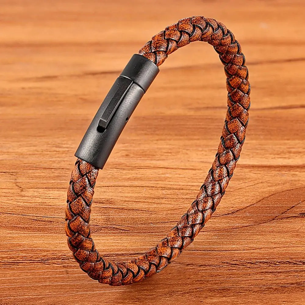 Classic Style  Leather Bracelet Simple Black Stainless Steel Button Neutral Accessories Hand-woven Jewelry Gifts