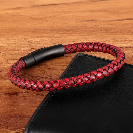 Classic Style  Leather Bracelet Simple Black Stainless Steel Button Neutral Accessories Hand-woven Jewelry Gifts