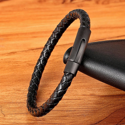 Classic Style  Leather Bracelet Simple Black Stainless Steel Button Neutral Accessories Hand-woven Jewelry Gifts