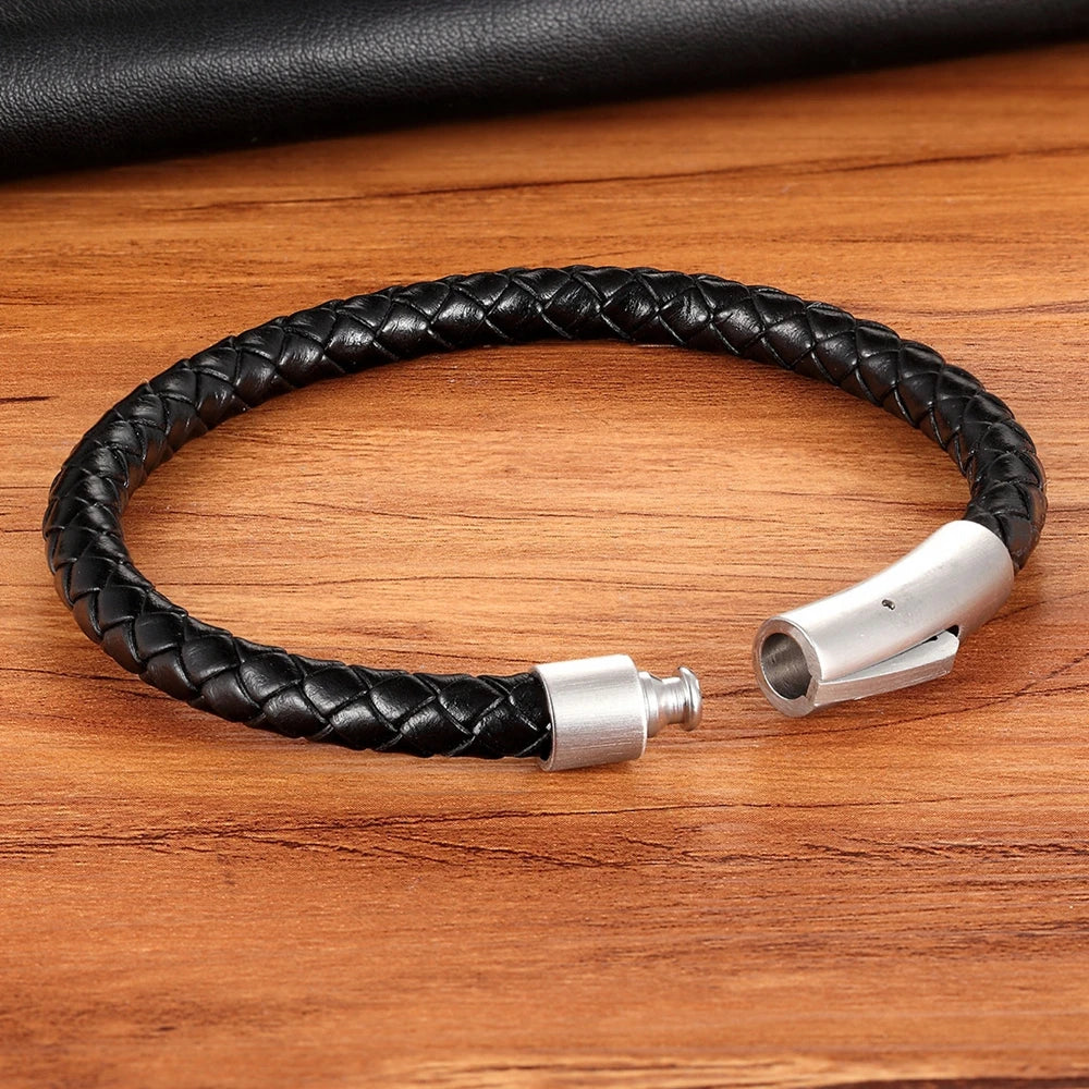 Classic Style  Leather Bracelet Simple Black Stainless Steel Button Neutral Accessories Hand-woven Jewelry Gifts