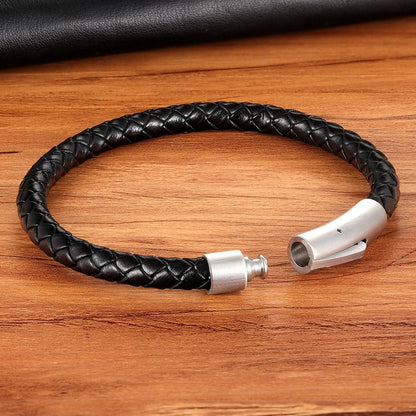 Classic Style  Leather Bracelet Simple Black Stainless Steel Button Neutral Accessories Hand-woven Jewelry Gifts