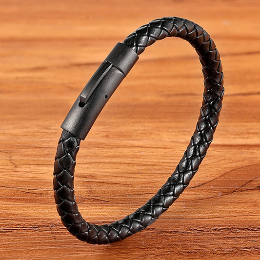 Classic Style  Leather Bracelet Simple Black Stainless Steel Button Neutral Accessories Hand-woven Jewelry Gifts