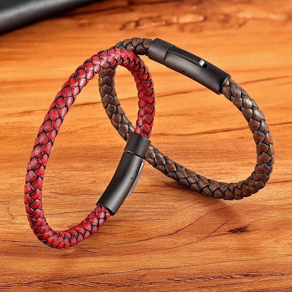 Classic Style  Leather Bracelet Simple Black Stainless Steel Button Neutral Accessories Hand-woven Jewelry Gifts