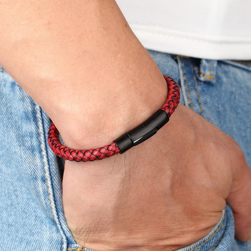 Classic Style  Leather Bracelet Simple Black Stainless Steel Button Neutral Accessories Hand-woven Jewelry Gifts