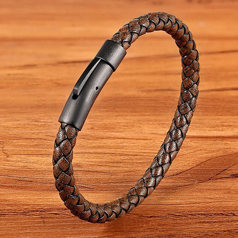 Classic Style  Leather Bracelet Simple Black Stainless Steel Button Neutral Accessories Hand-woven Jewelry Gifts