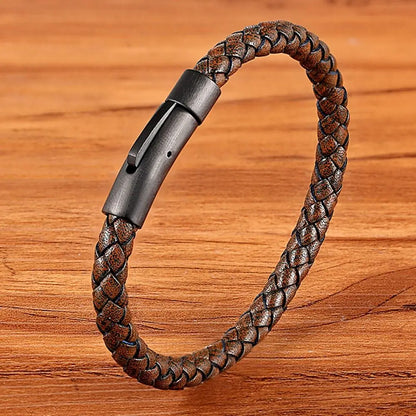 Classic Style  Leather Bracelet Simple Black Stainless Steel Button Neutral Accessories Hand-woven Jewelry Gifts