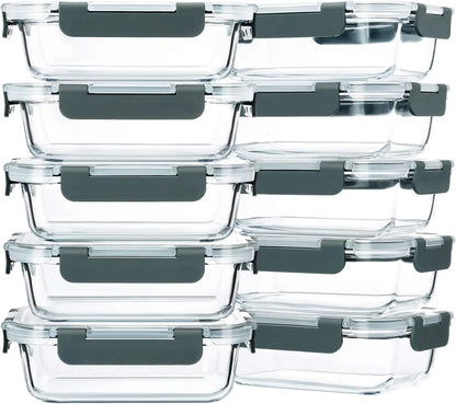10-Pack Glass Meal Prep Containers with Lids, 22 Oz, Microwave, Oven, Freezer & Dishwasher Safe (Gray)