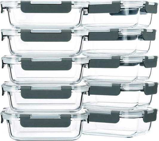 10-Pack Glass Meal Prep Containers with Lids, 22 Oz, Microwave, Oven, Freezer & Dishwasher Safe (Gray)