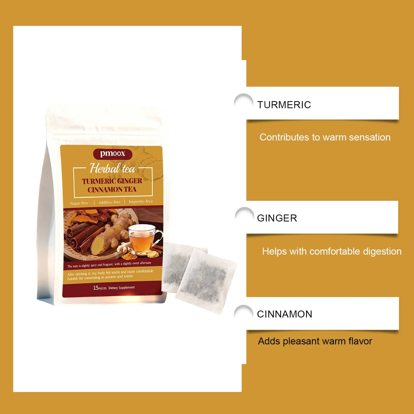 Turmeric Cinnamon Tea with Ceylon cinnamon, individual tea bags, sugar-free, warm and nourishing, a gentle daily drink.
