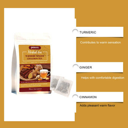 Turmeric Cinnamon Tea with Ceylon cinnamon, individual tea bags, sugar-free, warm and nourishing, a gentle daily drink.