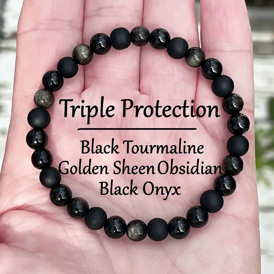 Triple Protection Stone Bead Bracelet - Black Tourmaline, Golden Sheen Obsidian, Black Onyx