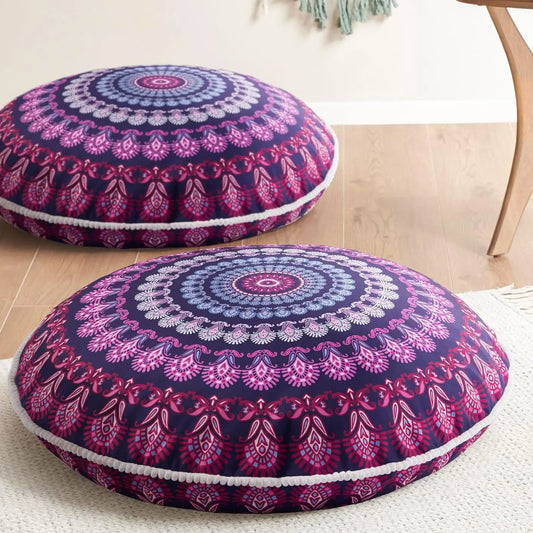 Large Round Meditation Pillow Set of 2, Memory Foam, Purple Orchid Design for Yoga Living Room Outdoor