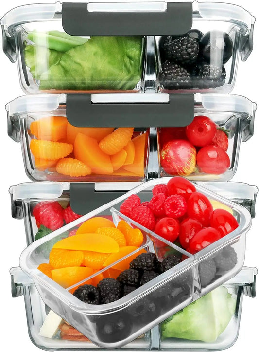 5-Pack 36 oz Glass Meal Prep Containers with Lids, 3 Compartment Lunch Box for Microwave, Oven, Freezer & Dishwasher (4.5 Cups)