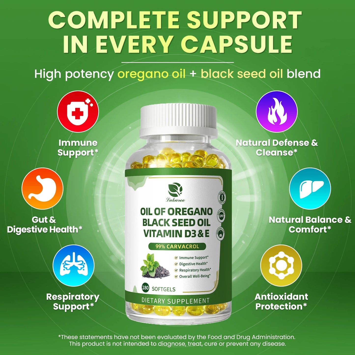 Lukaree Organic Oregano Oil Capsule with Black Seed Oil, Ultra-Concentrated 99%,for Immune, Respiratory,Digestive & Antioxidant