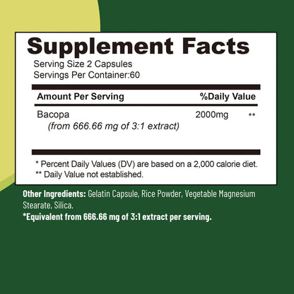 Bacopa Monnieri Extract Supplement - Brain Health Supports Performance Cognition, Enhances Energy & Stamina - 120 Capsules