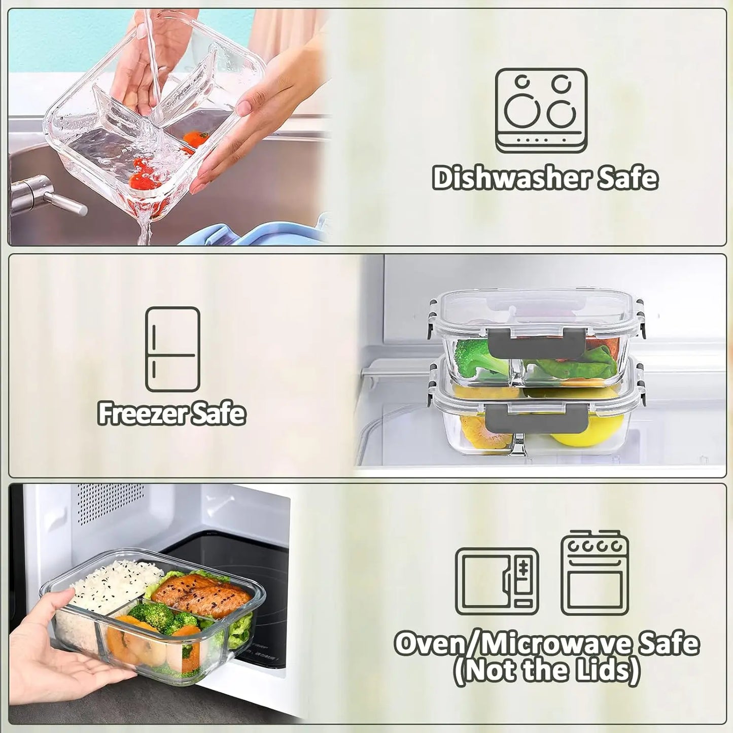 5-Pack 36 oz Glass Meal Prep Containers with Lids, 3 Compartment Lunch Box for Microwave, Oven, Freezer & Dishwasher (4.5 Cups)
