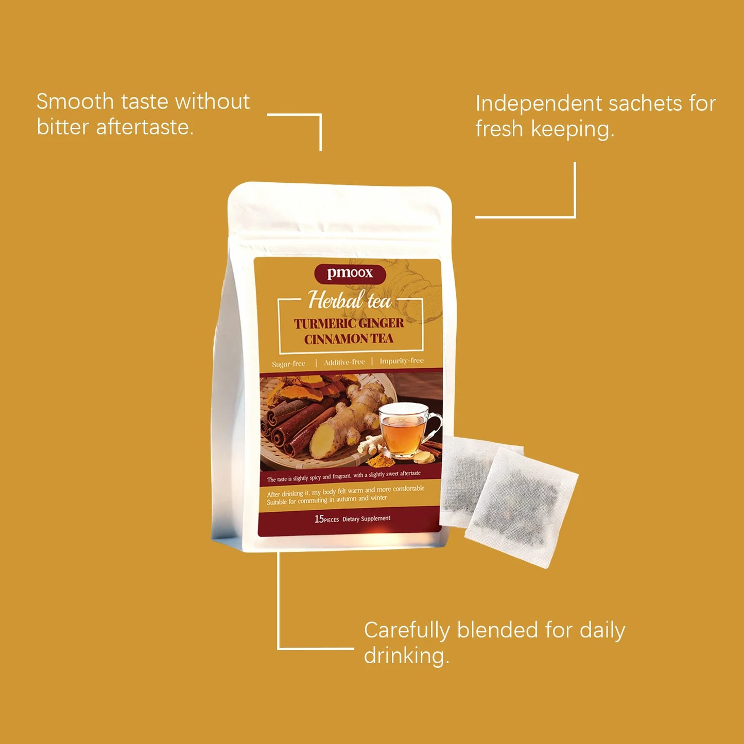 Turmeric Cinnamon Tea with Ceylon cinnamon, individual tea bags, sugar-free, warm and nourishing, a gentle daily drink.