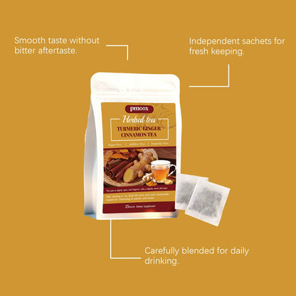 Turmeric Cinnamon Tea with Ceylon cinnamon, individual tea bags, sugar-free, warm and nourishing, a gentle daily drink.