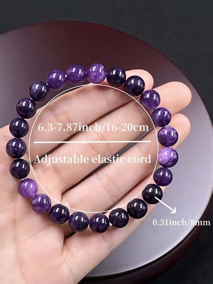 1Pc Purple Amethyst Stone Elastic Bracelet for Men and Women - Handmade Unisex Wrist Accessory