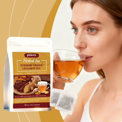 Turmeric Cinnamon Tea with Ceylon cinnamon, individual tea bags, sugar-free, warm and nourishing, a gentle daily drink.