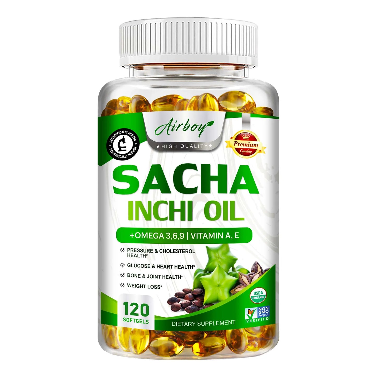 Sacha Inchi Oil - Rich In Omega - 3,6,9 - Supports Brain, Heart, Gut, Skin Health - 120 Capsules