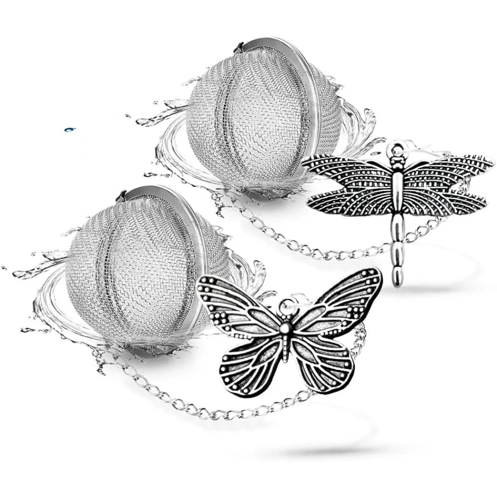 2-Pack Tea Infusers with Dragonfly & Butterfly Charms – Stainless Steel Loose Leaf Tea Balls with Decorative Pendants