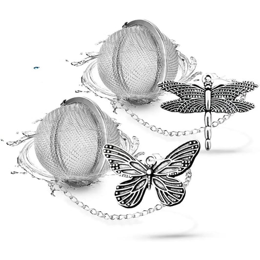 2-Pack Tea Infusers with Dragonfly & Butterfly Charms – Stainless Steel Loose Leaf Tea Balls with Decorative Pendants