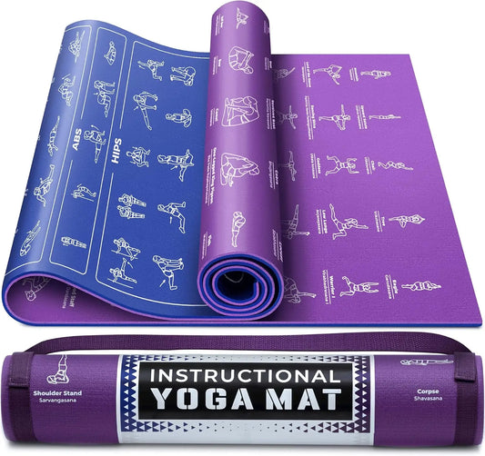 Cute Yoga Mat with Illustrated Poses & Stretching Exercises, Non-Toxic Non-Slip for Women and Men