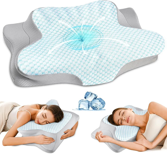 Ergonomic Memory Foam Neck Pillow for Pain Relief - Cooling Contour Pillow for Side, Back, Stomach Sleepers