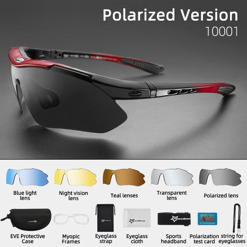 ROCKBROS Polarized Cycling Glasses, Sports Sunglasses Road MTB Mountain Bike Bicycle Riding Protection Goggles Eyewear 5 Lens