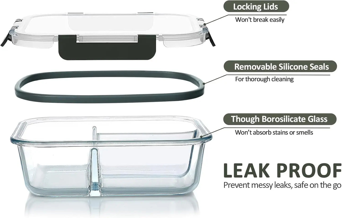 5-Pack 36 oz Glass Meal Prep Containers with Lids, 3 Compartment Lunch Box for Microwave, Oven, Freezer & Dishwasher (4.5 Cups)