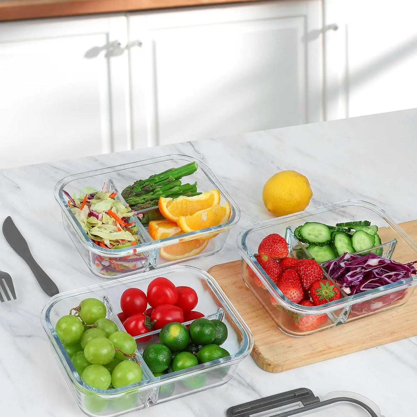 5-Pack 36 oz Glass Meal Prep Containers with Lids, 3 Compartment Lunch Box for Microwave, Oven, Freezer & Dishwasher (4.5 Cups)