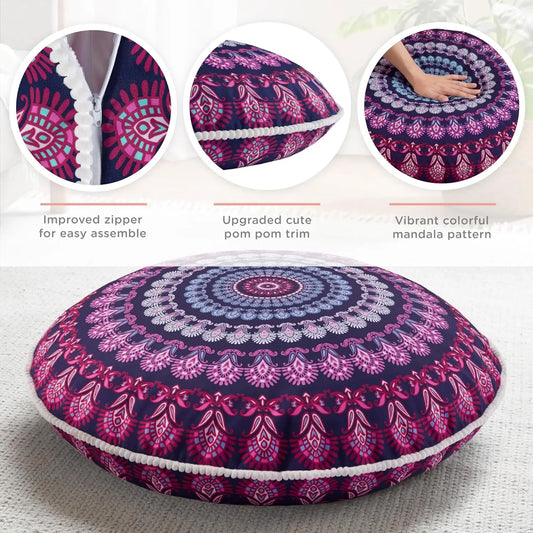 Large Round Meditation Pillow Set of 2, Memory Foam, Purple Orchid Design for Yoga Living Room Outdoor