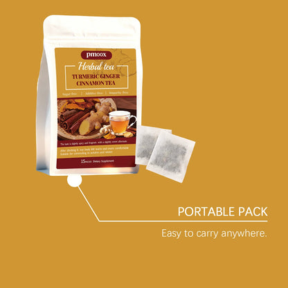 Turmeric Cinnamon Tea with Ceylon cinnamon, individual tea bags, sugar-free, warm and nourishing, a gentle daily drink.