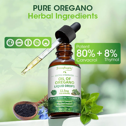 60ML Organic Oregano Oil Drops with Black Seed Oil & Vitamin E Immune, Respiratory,Digestive Support Vegan,Sugar-Free,Non-GMO