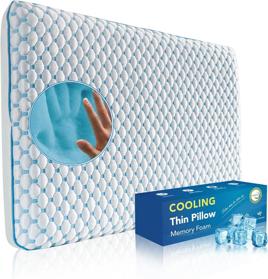 Cooling Memory Foam Pillow for Stomach & Back Sleepers - Thin Design Relieves Neck & Shoulder Pain