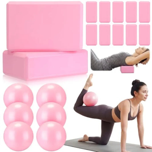 18 Pieces Yoga Block and Pilates Ball Set 12 Foam Non-slip Yoga Bricks with 6 Small Exercise Balls for Pilates Stretching Home
